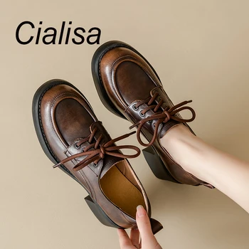 Cialisa Реколта платформа помпи 2024 пролетта най-новите кафяви черни естествена кожа дамски обувки кръг пръсти високи токчета ежедневни обувки