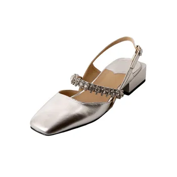 Lady Mary Jane обувки през пролетта и лятото Дамски обувки от естествена кожа Rhinestone Slingback Височина на тока 3.5cm