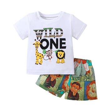Toddler Boys 2 Piece Outfits Animal Letter Print Тениска с къс ръкав и еластични шорти за комплект летни дрехи