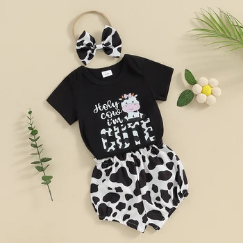 Бебе момиче летни дрехи писмо печат къс ръкав гащеризон с крава слон модел шорти и лента за глава екипировки