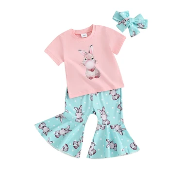 Бебе момичета Великден облекло зайче печат къс ръкав тениска с пристъпни панталони лента за глава облекло комплект