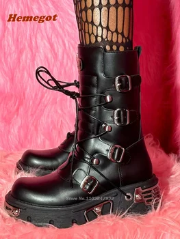 Метален дизайн пънк коляното високи ботуши кръг пръсти черен резервоар дъното испански рок ботуши ключалката каишка дебела подметка обувки за жени мъже
