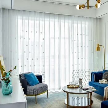 Модерен минималистичен бродирани бяла марля завеса хол спалня проучване залив прозорец светлина предаване