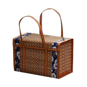 Тъкани бамбукови продукти Къмпинг преносима кутия за съхранение Ръчно тъкана кошница Специална външна кошница за пикник Тъкана кошница L